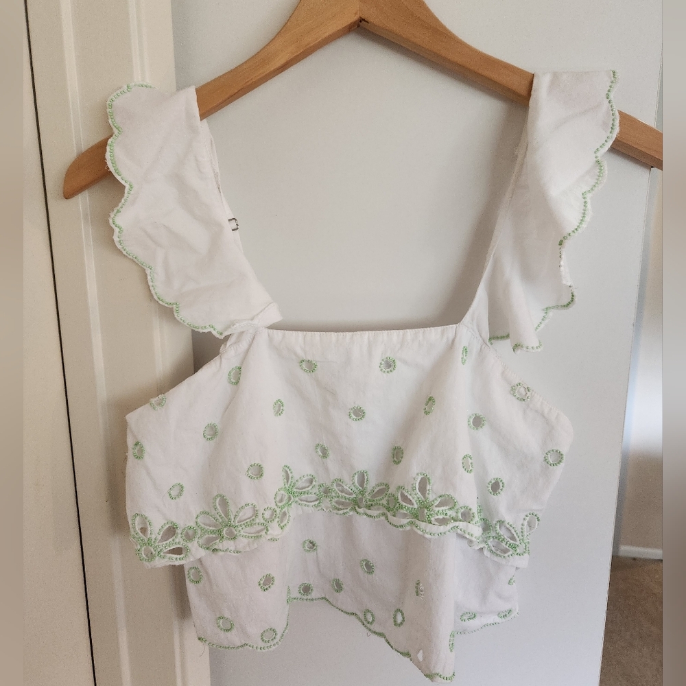 Urban Outfitters UO Women's Cropped Tank‎ Top Green White Beaded Floral Small